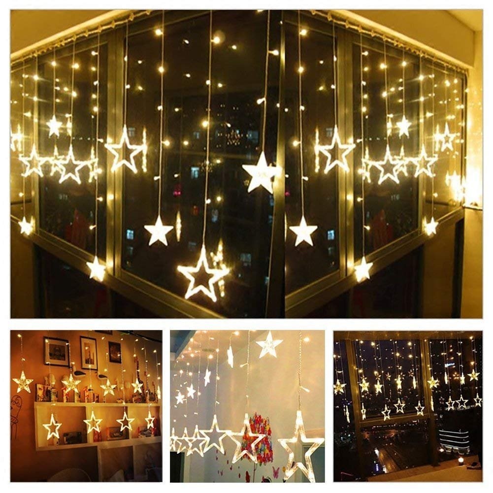 12 Stars LED Diwali Lights Curtain String Lights Window Curtain Led Lights for Decoration with 8 Flashing for Christmas, Wedding, Party, Home, Patio Lawn (Warm White)