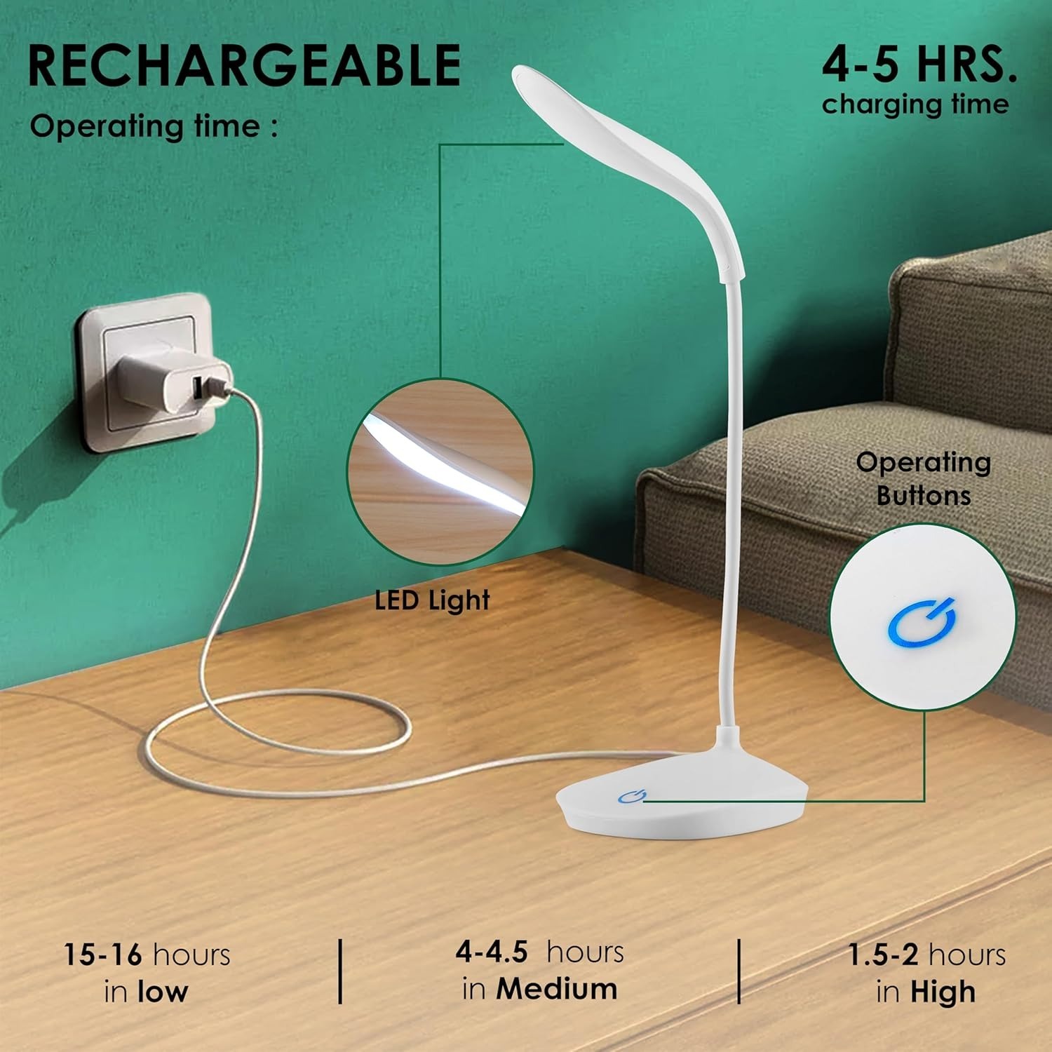 Plastic LED Rechargeable Study Lamp,Table Lamp for Study Room,Desk Lamp Light with 3 Brightness Level,Portable USB Table Light,Study Table Lamp for Students,Reading & Work at Home