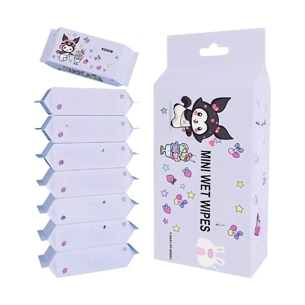 Kuromi MINI WIPES - Slides Into Your Pocket - Ultra Compact Pack Size - Hand Wipes for Adults and Kids - Travel Wipes - Baby Wipes - AlcoholL Free Unscented Wet Wipes Travel Total 8 Pouch(Set of 1)
