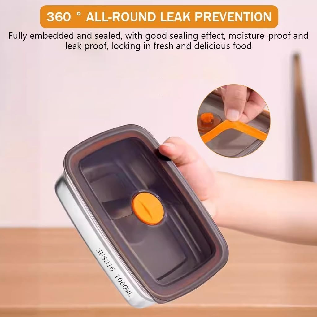 Stainless Steel Food Storage Containers With Airtight Lids Set, Stackable Leak Proof Metal Container Kitchen Storage Set, Draining Crisper Refrigerator Food Box (1000 ML), Silver
