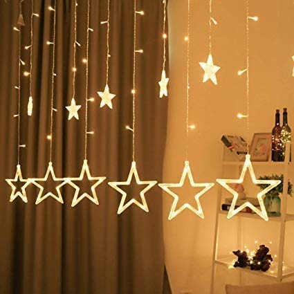 12 Stars LED Diwali Lights Curtain String Lights Window Curtain Led Lights for Decoration with 8 Flashing for Christmas, Wedding, Party, Home, Patio Lawn (Warm White)