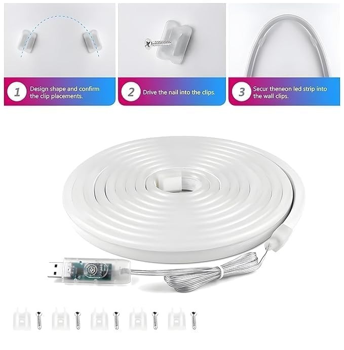 Vision 5 Meters LED Neon RGB Strip Light, Smart App Control, Remote Control, Multi-Colour Magic Lighting with USB, 6 Mounting Clips Music Modes, Custom Colors, Timing, Light Follow Sounds