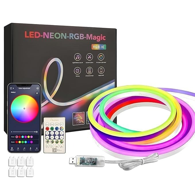 Vision 5 Meters LED Neon RGB Strip Light, Smart App Control, Remote Control, Multi-Colour Magic Lighting with USB, 6 Mounting Clips Music Modes, Custom Colors, Timing, Light Follow Sounds