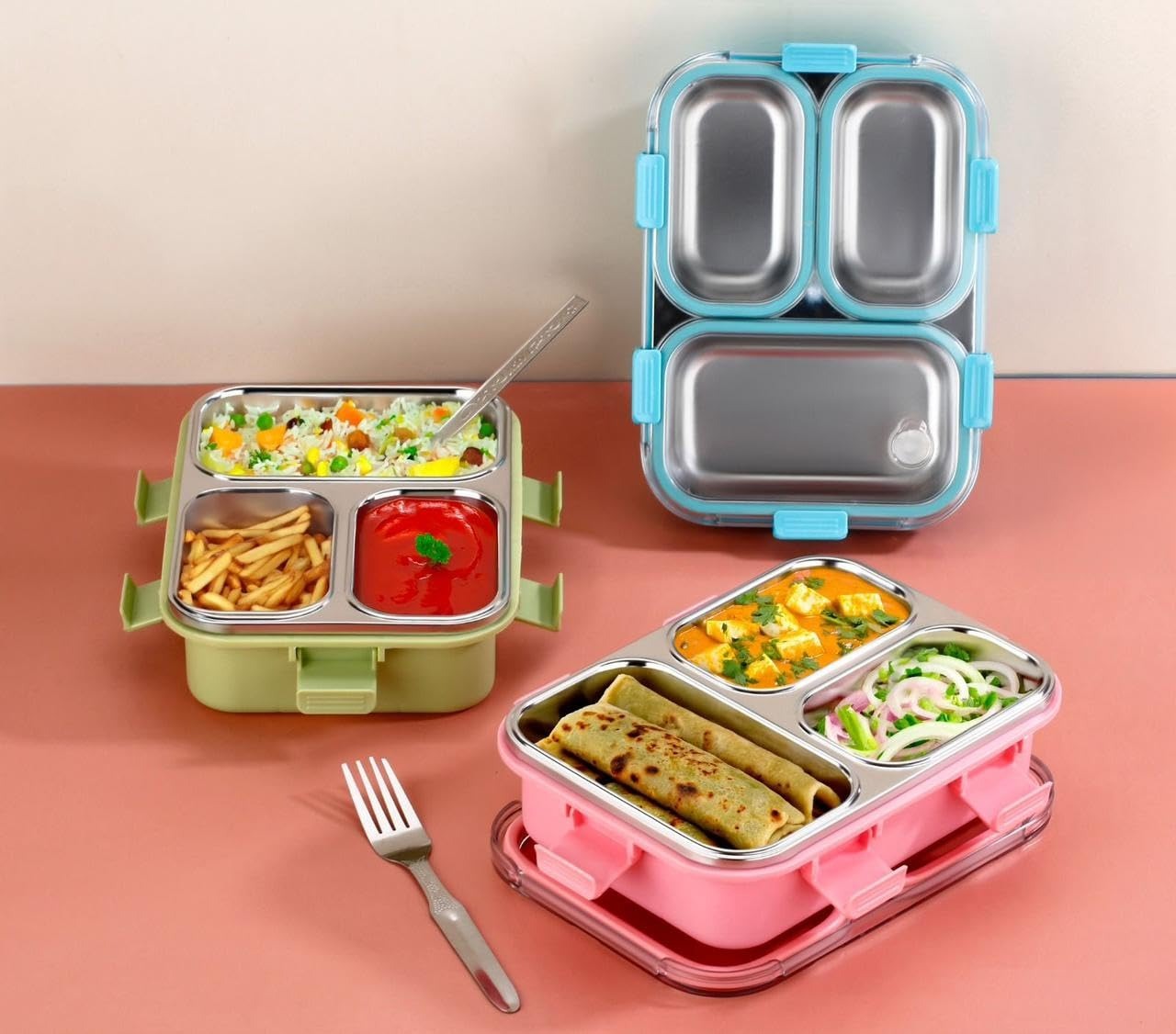 3 Compartment Stainless Steel Lunch Box for School & Office, 6-Side Lock, Leak-Proof Tiffin Box with Airtight Transparent Lid