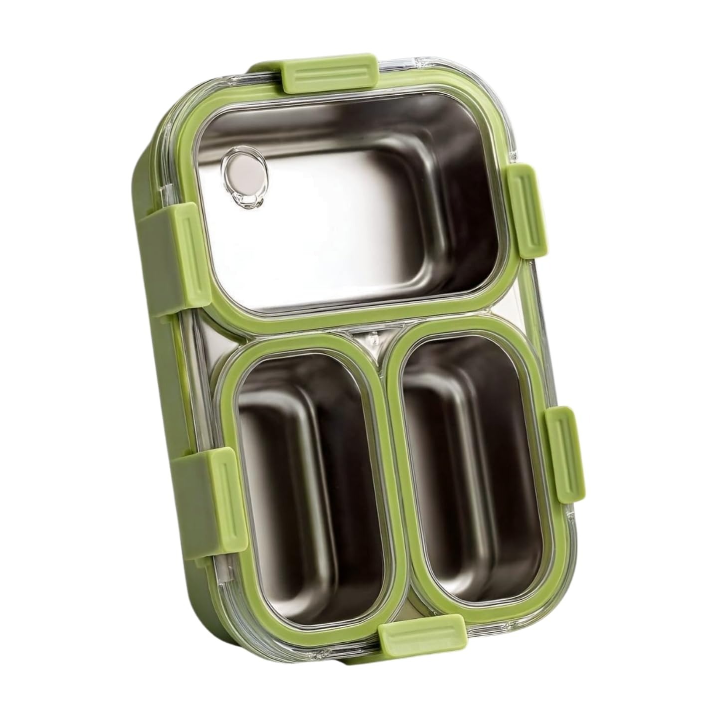 3 Compartment Stainless Steel Lunch Box for School & Office, 6-Side Lock, Leak-Proof Tiffin Box with Airtight Transparent Lid