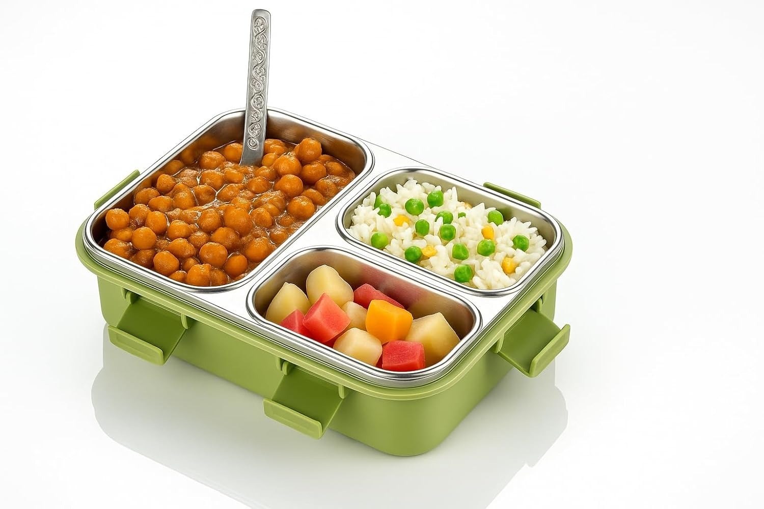 3 Compartment Stainless Steel Lunch Box for School & Office, 6-Side Lock, Leak-Proof Tiffin Box with Airtight Transparent Lid