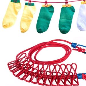 Clip Rope | Cloth Line Rope | Portable Drying Rope with 12 Clips and 2 Hooks | Drying Rope for Balcony-Garden-Terrace-Backyard-Travel-Camping |