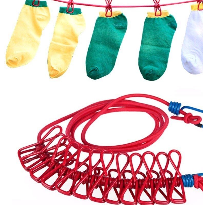 Clip Rope | Cloth Line Rope | Portable Drying Rope with 12 Clips and 2 Hooks | Drying Rope for Balcony-Garden-Terrace-Backyard-Travel-Camping |