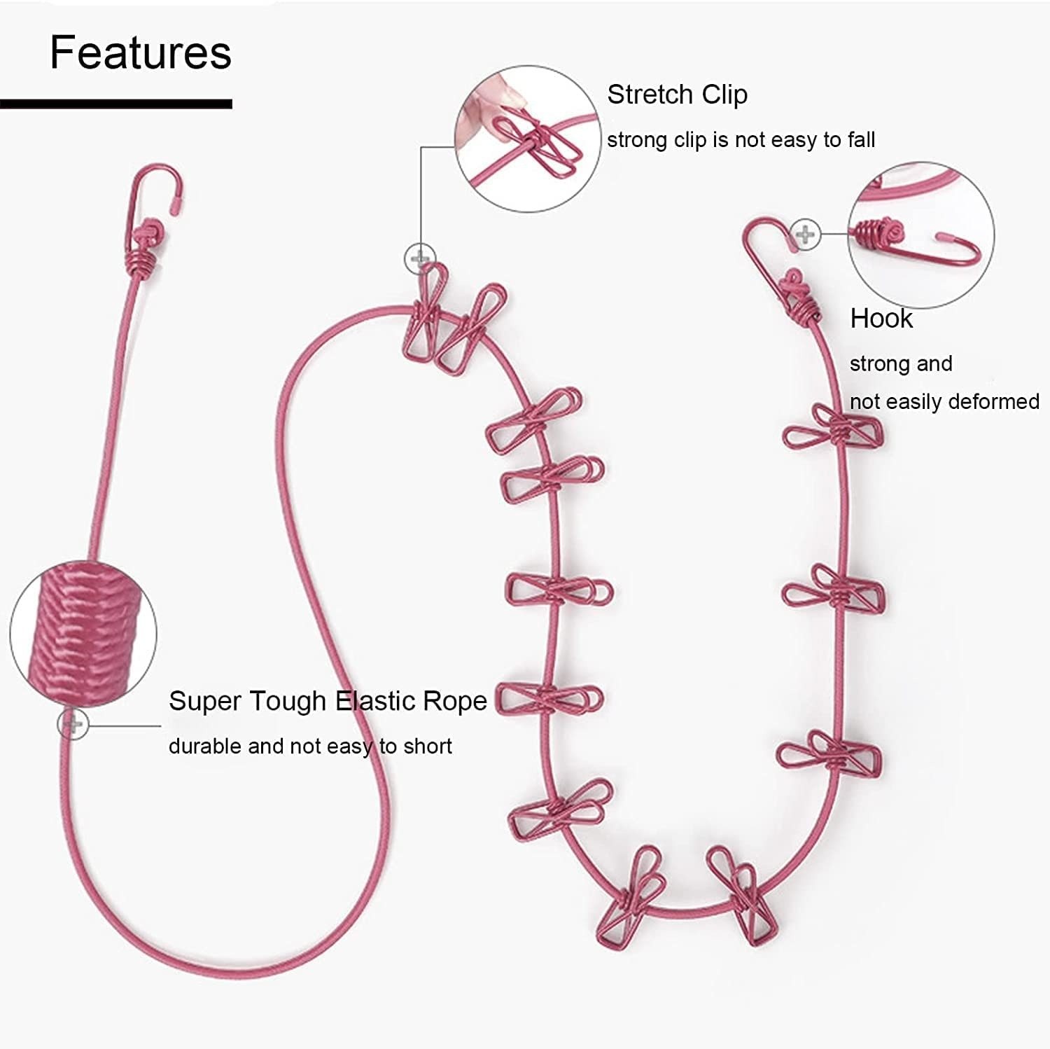 Clip Rope | Cloth Line Rope | Portable Drying Rope with 12 Clips and 2 Hooks | Drying Rope for Balcony-Garden-Terrace-Backyard-Travel-Camping | Multicolor [Pack of 1]