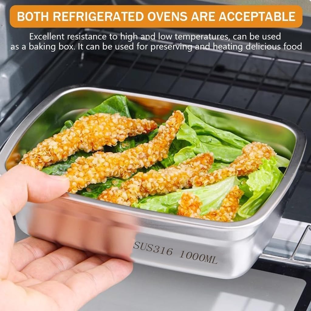 Stainless Steel Food Storage Containers With Airtight Lids Set, Stackable Leak Proof Metal Container Kitchen Storage Set, Draining Crisper Refrigerator Food Box (1000 ML), Silver