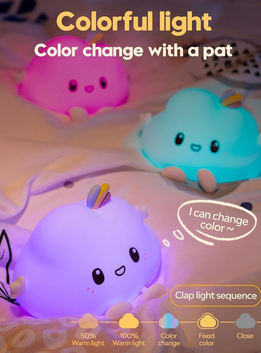 Cloud LED Night Light for Kids Cute Squishy Silicone Kawaii Lamp for Nursery Bedroom Color Changing Sleep Light with Touch Sensor, Portable USB Rechargeable Beside Lamp.Gift for Kids (Cloud)