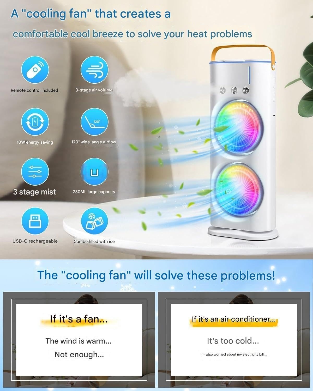 Mini Air Cooler for Room Cooling AC Portable Mini Fan | Artic Cooler with 280ml | Rechargeable Mist Cooling Fan | 3 H Timer, 3 Wind Speeds, and 3 Spray Modes for Office, Home, Kitchen - White