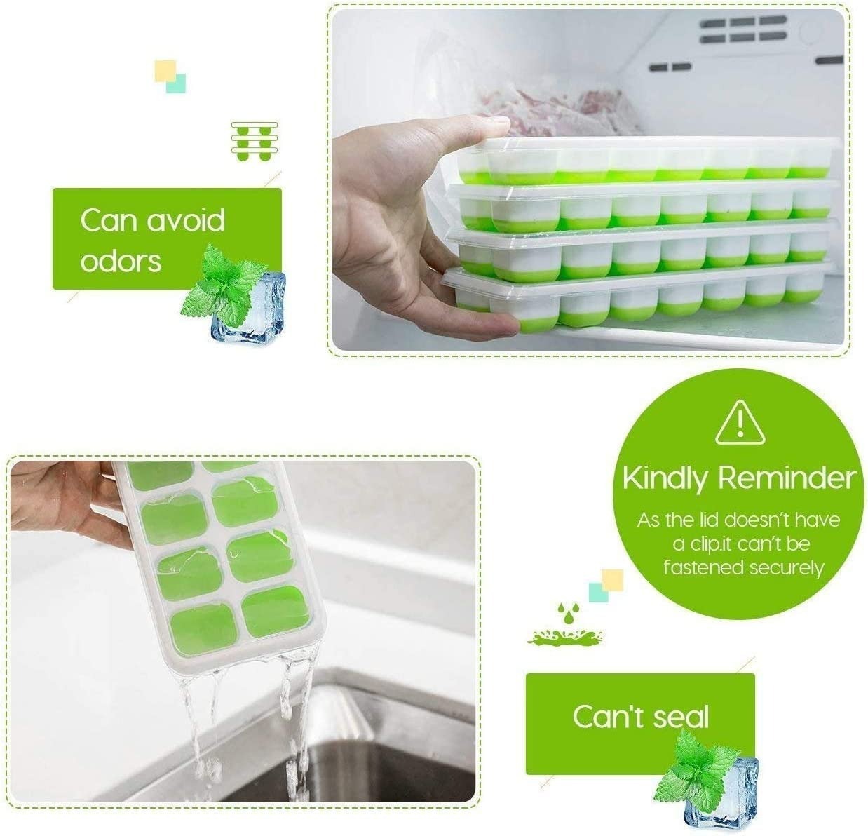 Ice Cube Trays, Silicone Easy-Release and Flexible 14-Ice Trays with Spill-Resistant Removable Lid, BPA Free, Durable and Dishwasher Safe