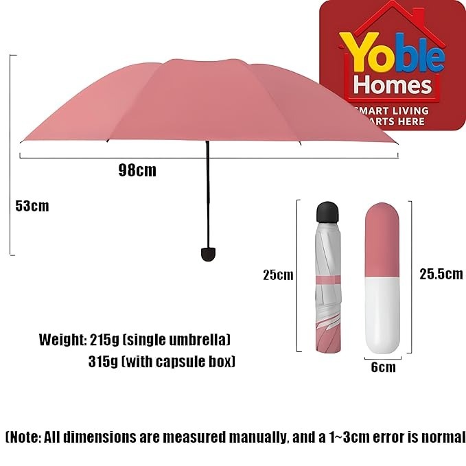 2 Fold Capsule-Shaped Big Size 100 CM Umbrella UV Coated, Compact, Travel Umbrella for Rain & Sun