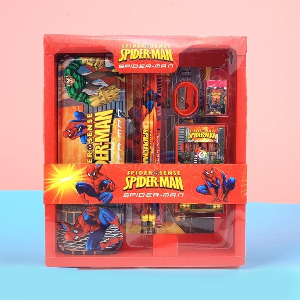 Cartoon Print Stationary Set for Kids, Metal Geometry Pencil Box/1 Ruler Scale/Pencil Sharpner/Eraser/2 Pencils and 6 Crayon Colors Set(Print May Vary)