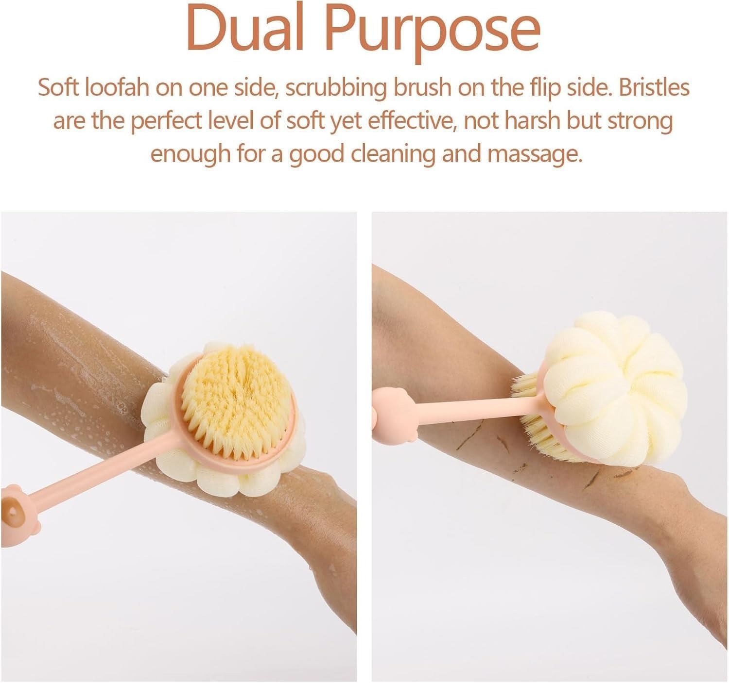 Heavy 2 IN 1 Bath Body Brush2 IN 1 Back Body Bath Brush with Bristles and Loofah Back Scrubber with Curved Long Handled for Skin Exfoliating Bath, Massage Bristles Suitable for Wet or Dry, Men and Women