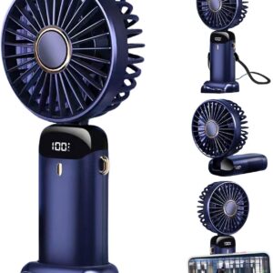 Portable Fan Mini Handheld Blue Fan with Digital Display Small USB Rechargeable Personal Pocket Fan with 5 Speeds Foldable Desk Fan with Lanyard and Base for Home Travel,170007