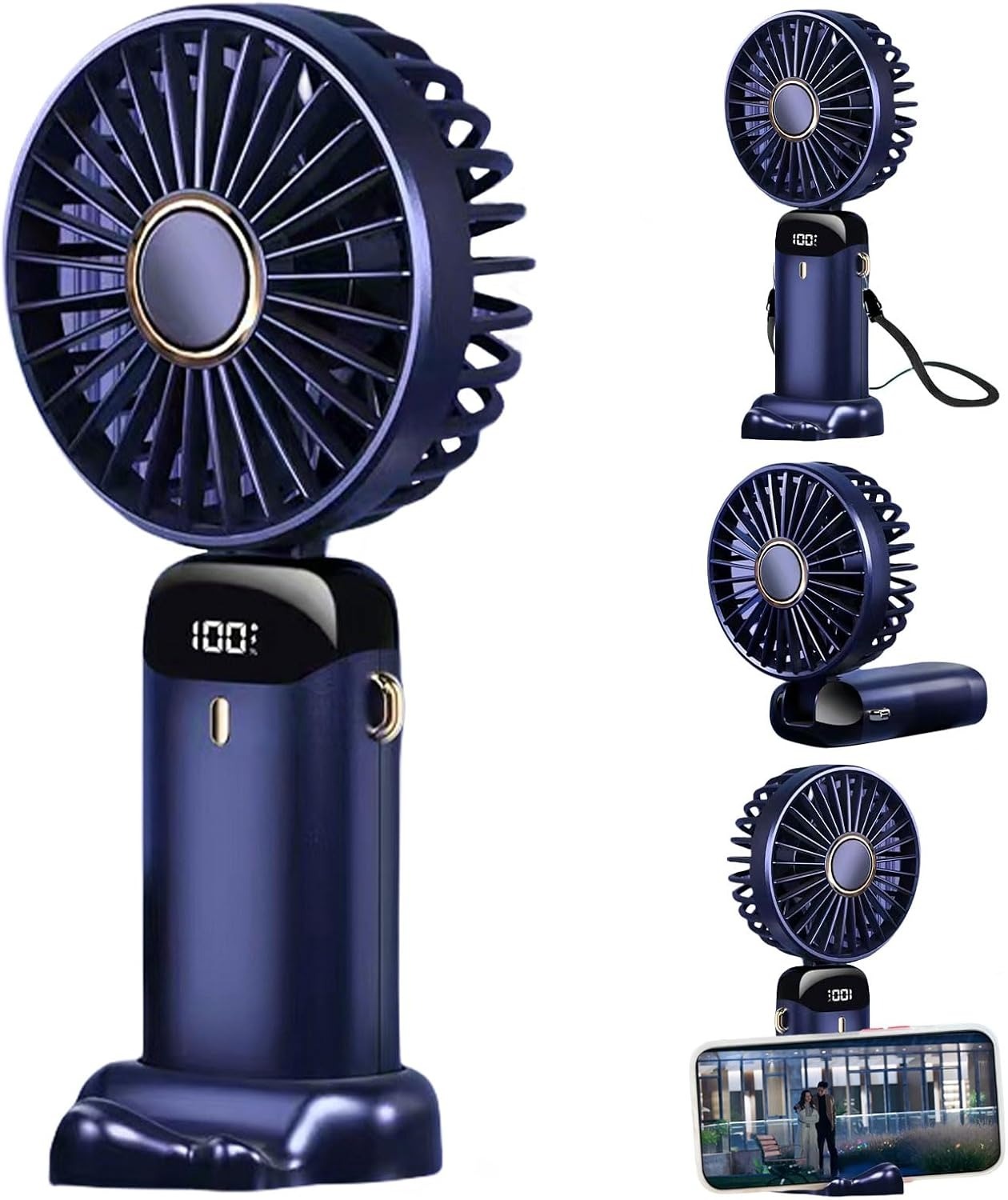 Portable Fan Mini Handheld Blue Fan with Digital Display Small USB Rechargeable Personal Pocket Fan with 5 Speeds Foldable Desk Fan with Lanyard and Base for Home Travel，170007