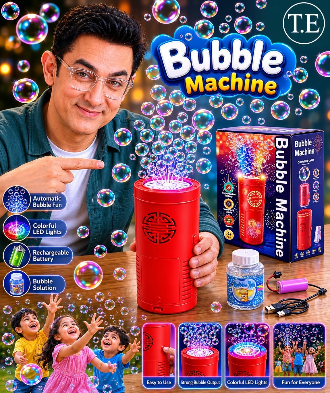 (Imported) Automatic Bubble Machine for Kids (3+ Years), LED Light Bubble Maker Toy, Outdoor Bubble Blowing Machine for Birthday Parties & Playtime (Red, Pack of 1)