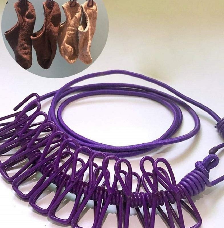 Clip Rope | Cloth Line Rope | Portable Drying Rope with 12 Clips and 2 Hooks | Drying Rope for Balcony-Garden-Terrace-Backyard-Travel-Camping |