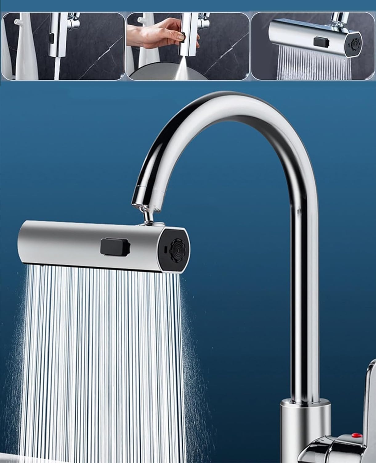 3 in 1 Waterfall Kitchen Faucet,360° Swivelling Anti-Splash Sink Faucet Sprayer Adapter,Waterfall Faucet with Pull Down Sprayer,Universal Tap Extender for Kitchen and Bathroom Sink and Wash Basin