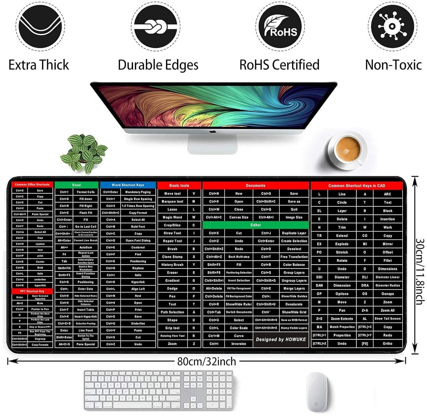 Keyboard Pad with Office Software Shortcuts Pattern, Clear Extended Large Cheat Sheet Mouse Pad, Large Rubber Base Mice Smooth Cloth Desk Mat, Excel Shortcut Keys Mouse Pad (80x30cm)