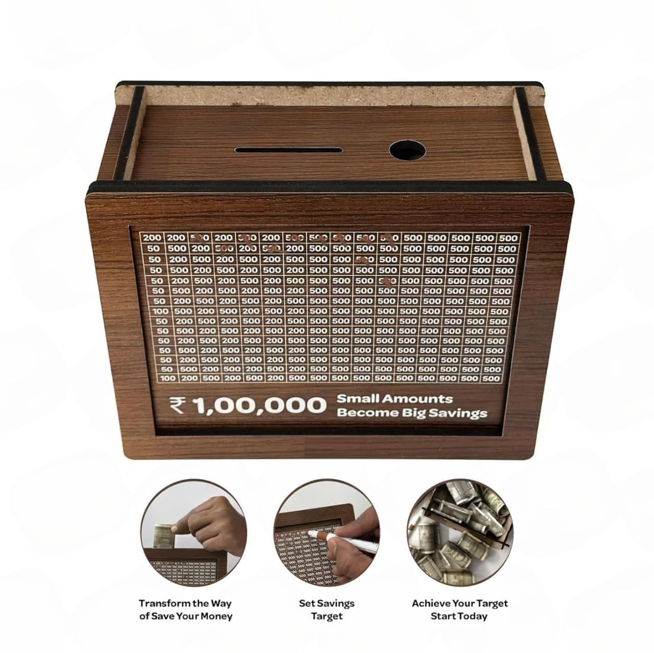 Money Saving Box for Kids & Adults, Coin Box, Savings Box, Piggy Bank, Smart Money Box, Wooden Coin Box, Money Saver, Piggy Bank with Numbers, Target 100000 Rupees Savings Box