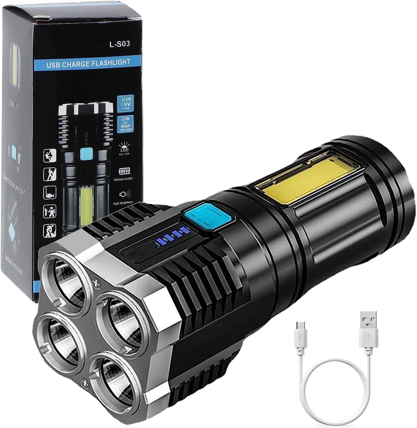 Emergency Torch Rechargeable Multifunctional Portable LED Flashlight Torch Long Distance Beam Range with 4 Lighting Modes and COB Light for Outdoor, Indoor,Hiking,Walking,Camping