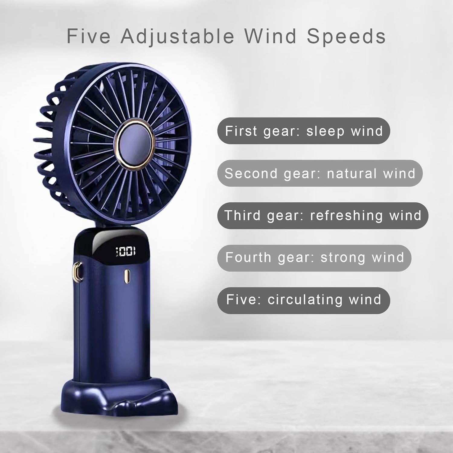 Portable Fan Mini Handheld Blue Fan with Digital Display Small USB Rechargeable Personal Pocket Fan with 5 Speeds Foldable Desk Fan with Lanyard and Base for Home Travel，170007