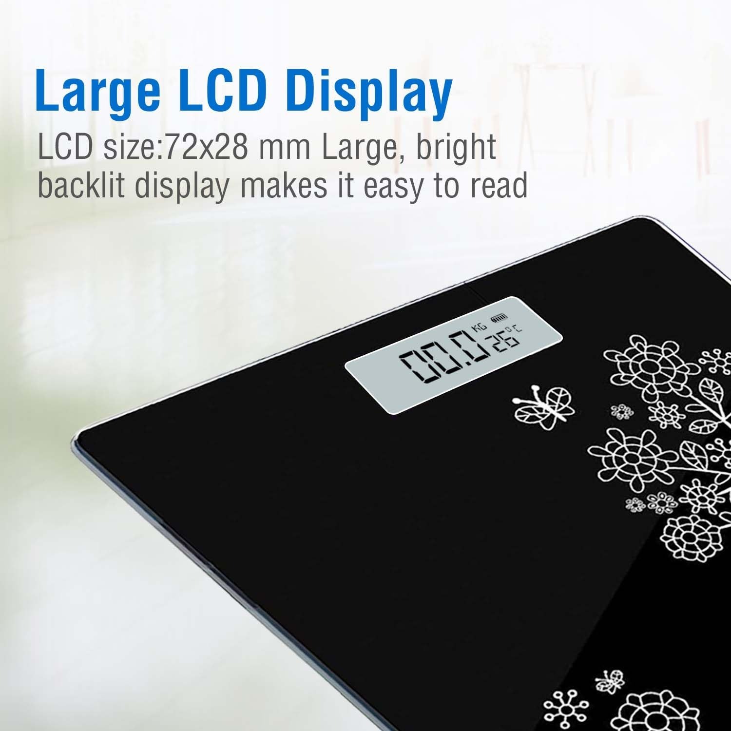 Flora Digital Weight Scale for body weight, LCD Panel, Electronic Weighing scale with thick tempered glass, High Precision Sensors accurate weight machine