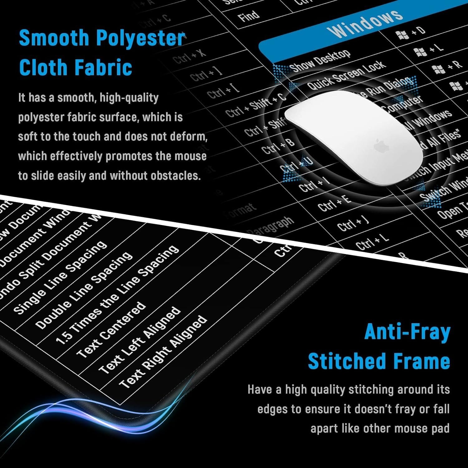 Keyboard Pad with Office Software Shortcuts Pattern, Clear Extended Large Cheat Sheet Mouse Pad, Large Rubber Base Mice Smooth Cloth Desk Mat, Excel Shortcut Keys Mouse Pad (80x30cm)
