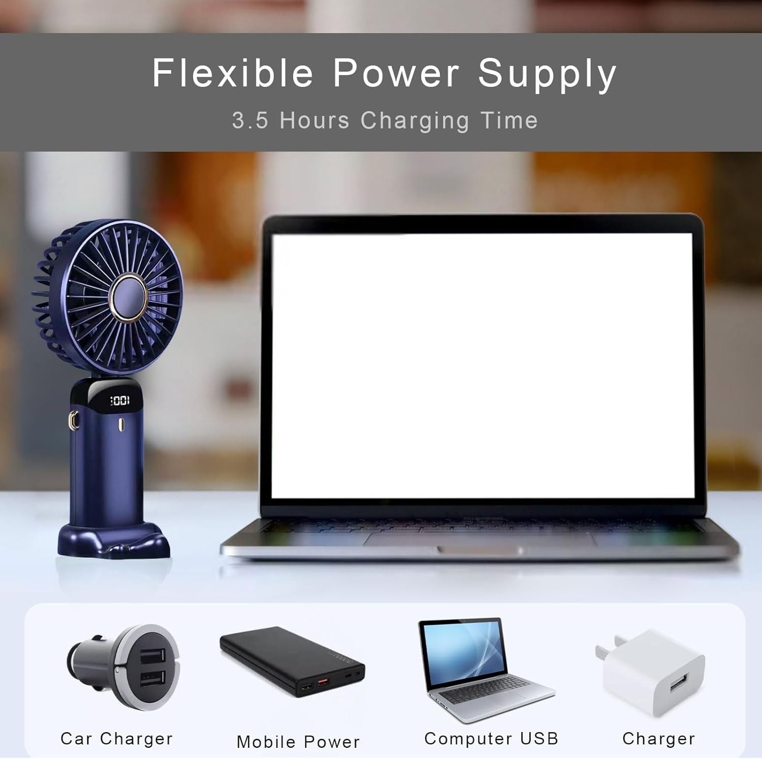 Portable Fan Mini Handheld Blue Fan with Digital Display Small USB Rechargeable Personal Pocket Fan with 5 Speeds Foldable Desk Fan with Lanyard and Base for Home Travel，170007