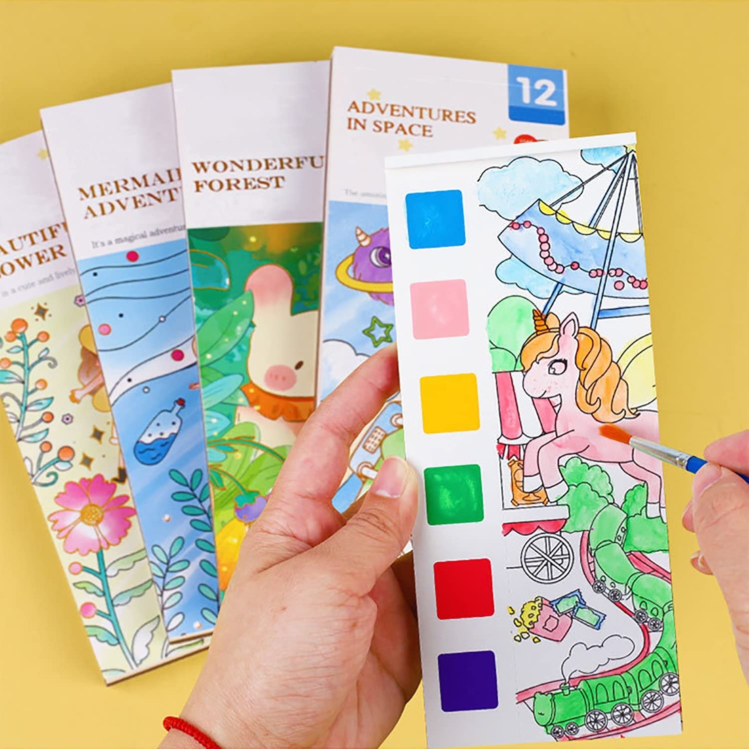 Kids Watercolor Painting Book for Kids Age 3+ Pocket Watercolor Painting Book with Paint Brush, Fairy Tale Watercolor Paint Book, Cartoon Watercolor Paint Children's Day Gift