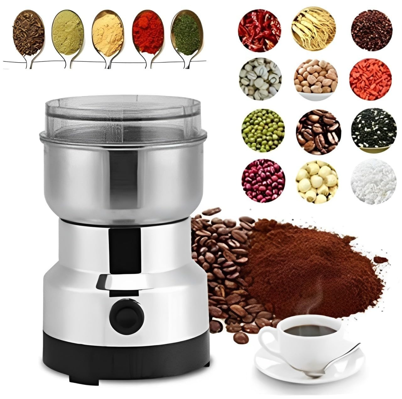 Nima Stainless Steel Multifunctional Electric Grinder & Coffee Maker - Mini Spice, Coffee, And Masala Grinder For Beans, Nuts, And Grains - Household Mixer Grinder (Silver)