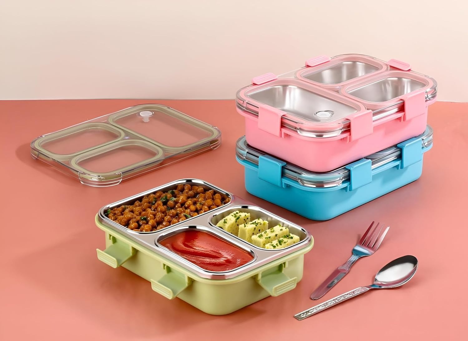 3 Compartment Stainless Steel Lunch Box for School & Office, 6-Side Lock, Leak-Proof Tiffin Box with Airtight Transparent Lid