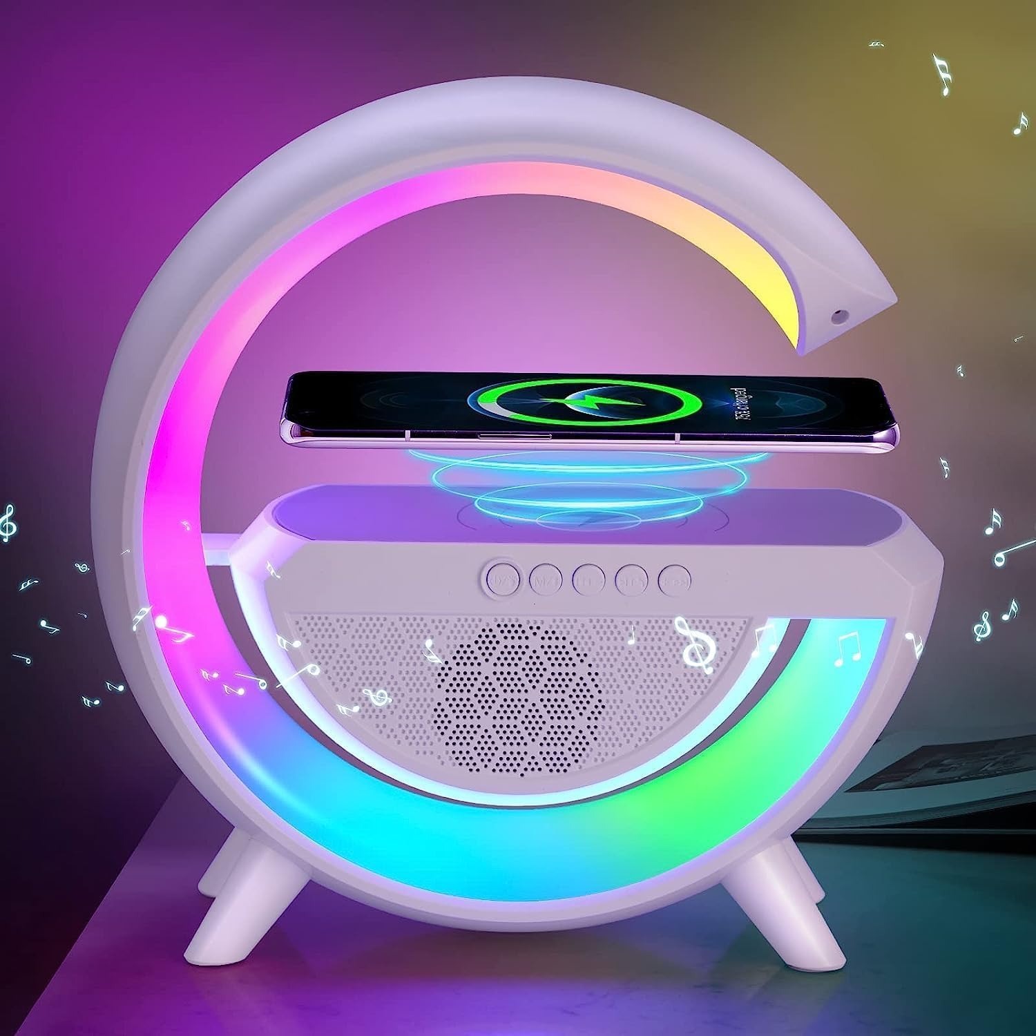 G Speaker Lamp - APP Control 3 in 1 Multi-Function Bluetooth Speaker with Wireless Fast Charging, RGB Light and Sunrise Alarm Clock for Bedroom & Bedside Table Wireless Charger Lamp