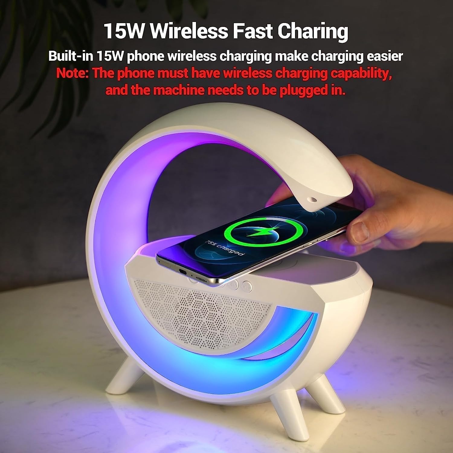 G Speaker Lamp - APP Control 3 in 1 Multi-Function Bluetooth Speaker with Wireless Fast Charging, RGB Light and Sunrise Alarm Clock for Bedroom & Bedside Table Wireless Charger Lamp