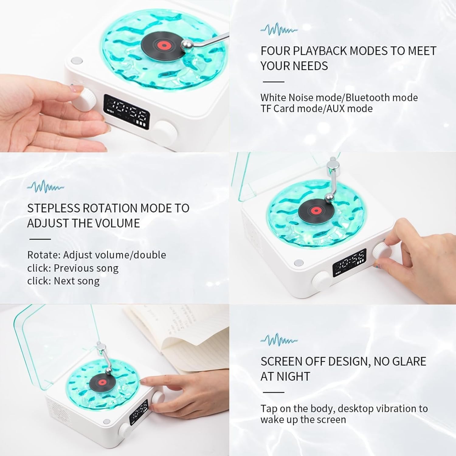 Retro-Style Wireless Waves Bluetooth Speaker, Aqua Vinyl Speaker, The Waves Vinyl Player with Ambience Light and Clock for Bedroom, Office, Party