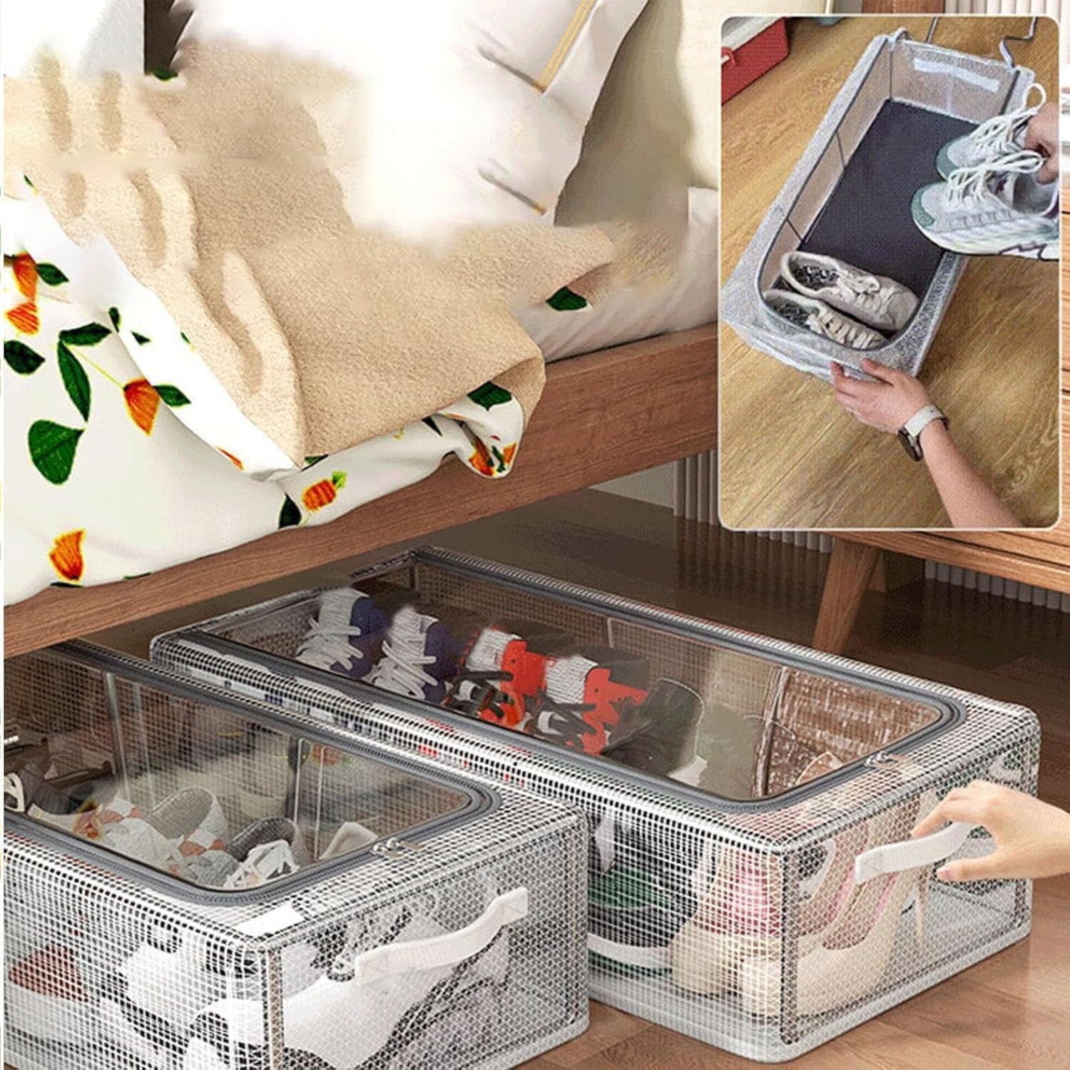 Shoe Storage Box, Shoe Organizer for Closet, Clear Plastic Stackable Shoe Boxes, Space Saving Foldable Sneaker Shoe Rack Containers Bin Holder
