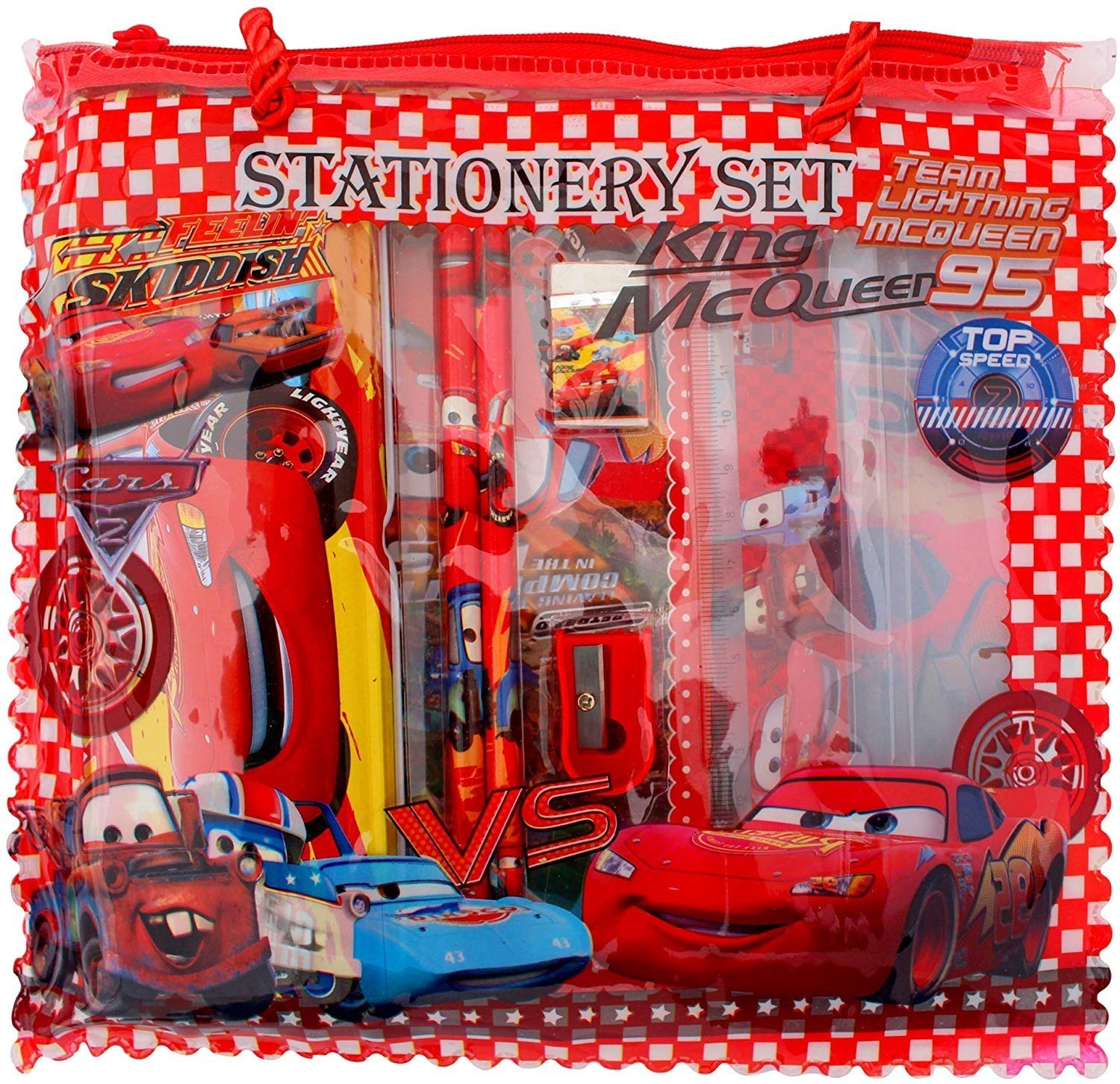 Stationary Set Kit Combo for School Kids (1 Zipper Pouch, 1 Pencil Box, 1 Notepad, 2 Pencils, 1 Scale, 1 Eraser, 1 Sharpener), Random Colours