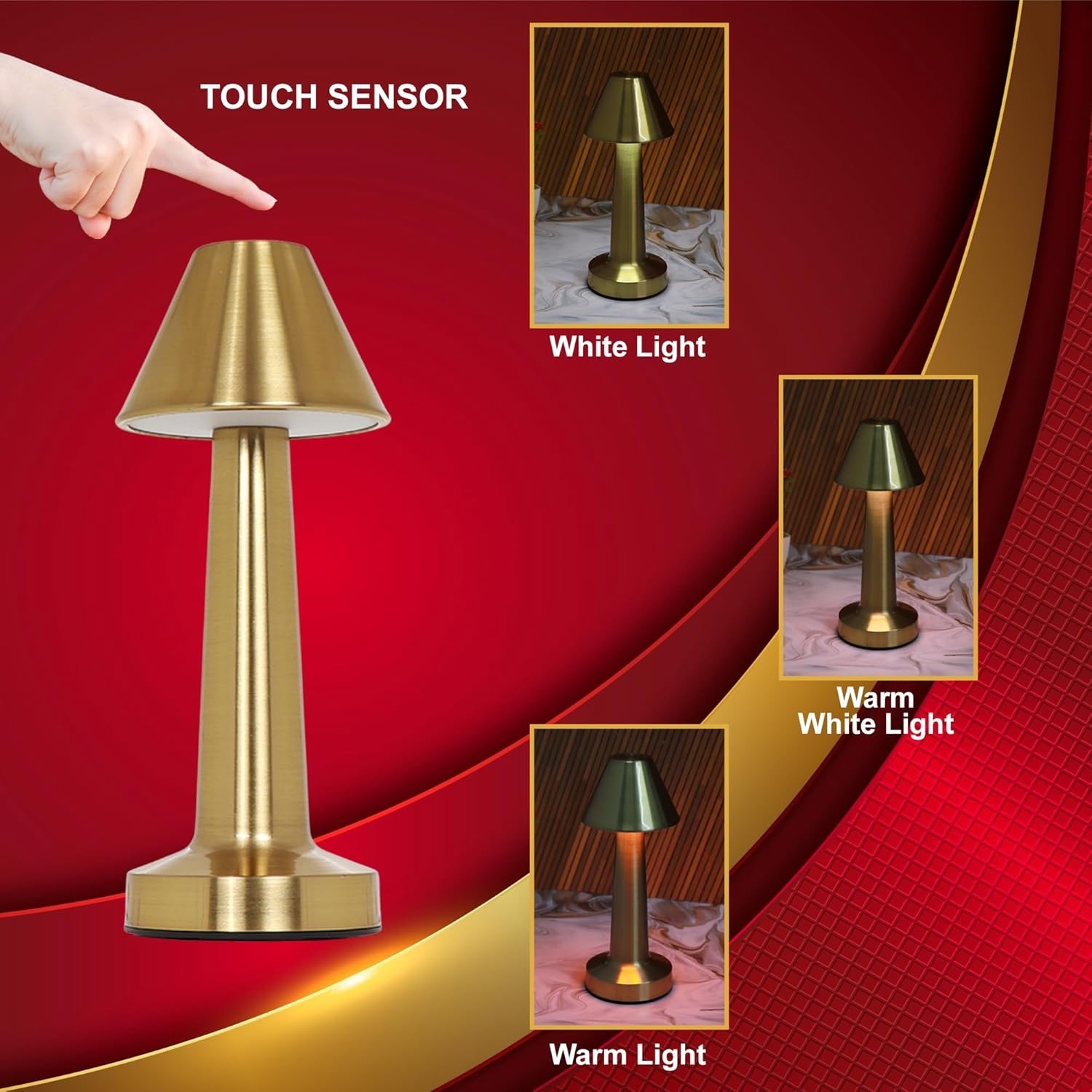 Touch Table Lamp, Metal Golden Finish, Bedroom Side Desk Light