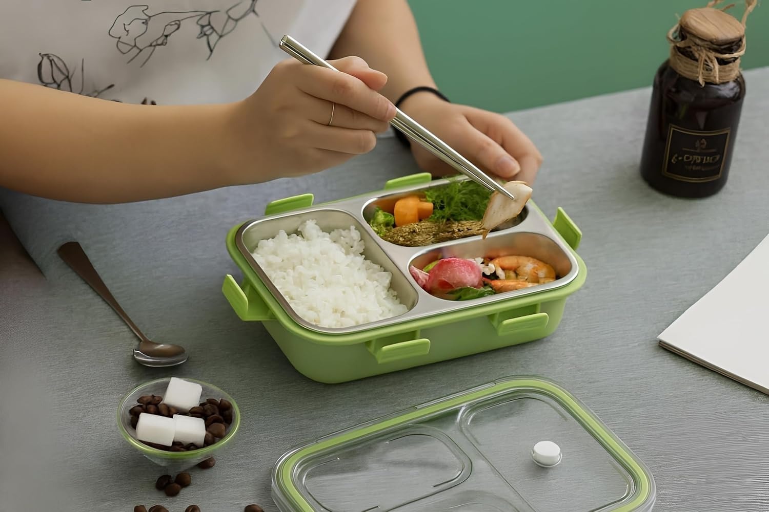 3 Compartment Stainless Steel Lunch Box for School & Office, 6-Side Lock, Leak-Proof Tiffin Box with Airtight Transparent Lid