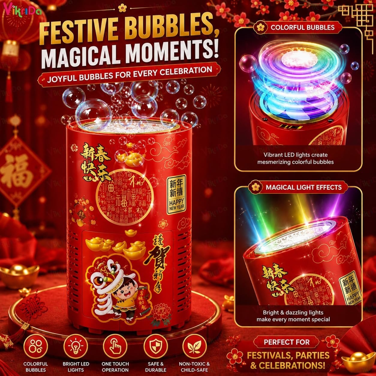 (Imported) Automatic Bubble Machine for Kids (3+ Years), LED Light Bubble Maker Toy, Outdoor Bubble Blowing Machine for Birthday Parties & Playtime (Red, Pack of 1)
