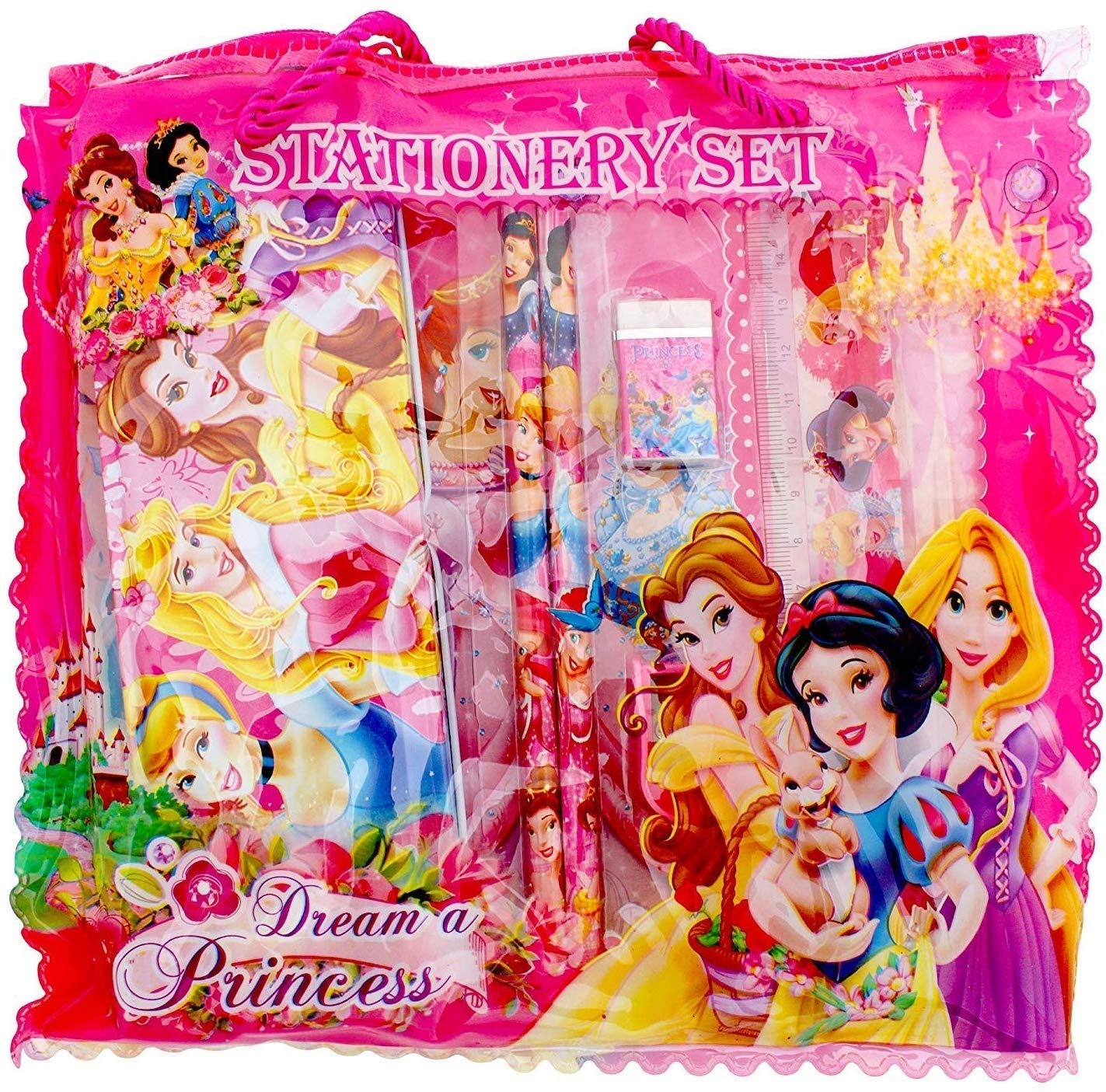 Stationary Set Kit Combo for School Kids (1 Zipper Pouch, 1 Pencil Box, 1 Notepad, 2 Pencils, 1 Scale, 1 Eraser, 1 Sharpener), Random Colours
