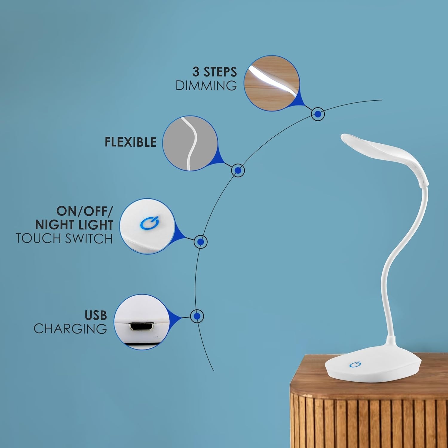 Plastic LED Rechargeable Study Lamp,Table Lamp for Study Room,Desk Lamp Light with 3 Brightness Level,Portable USB Table Light,Study Table Lamp for Students,Reading & Work at Home