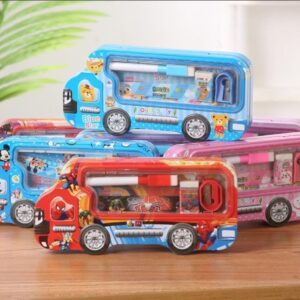 Printed Bus Shaped Double Storage Metal Pencil Box for School Kids Girls Students Birthday Gifts