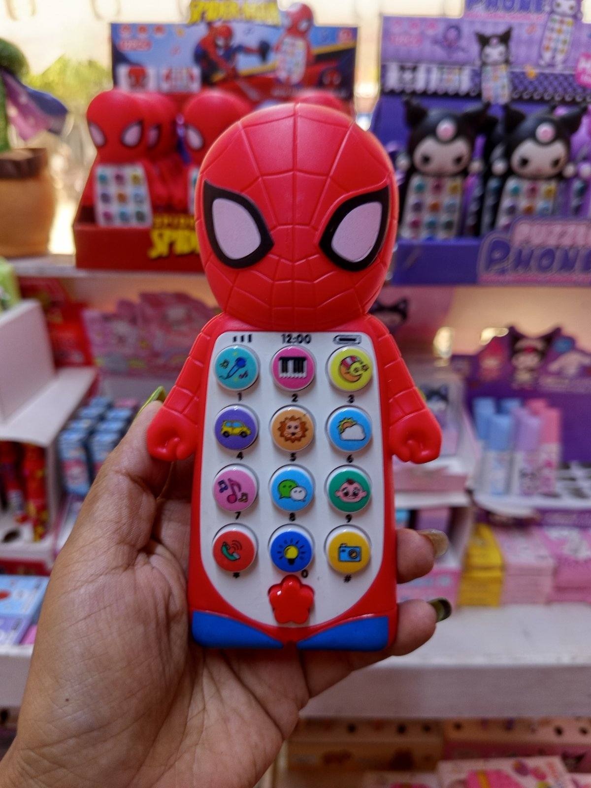 Spiderman-themed musical toy phone for kids.