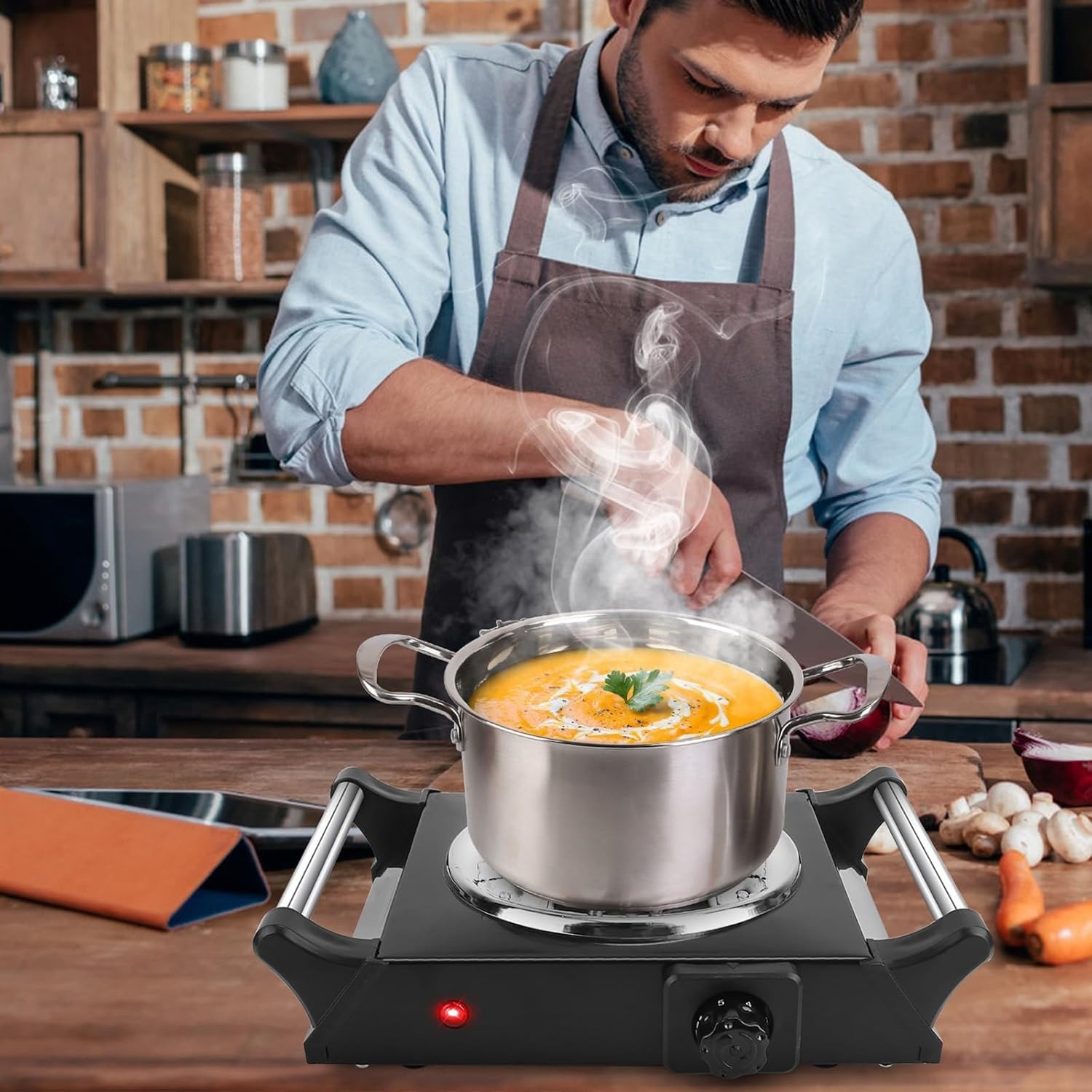 Electric Hot Plate, 1000W Countertop Single Burner with Adjustable Temperature & Handles, Stainless Steel Coil Electric Stove for Cooking Cooktop for Home Kitchen Dorm RV Camp, Black