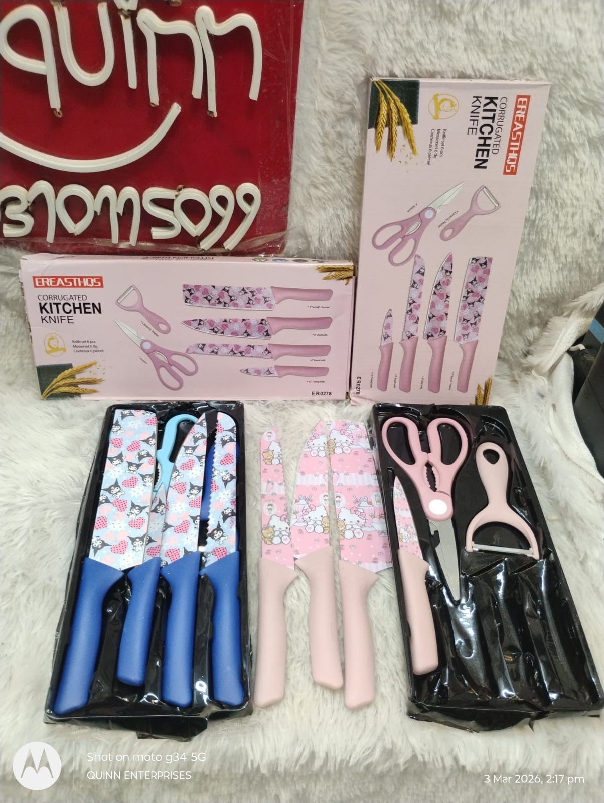 Kitchen Knife Set with Scissors and Peeler, Printed Blade Knives with Plastic Handles, 6 Piece Set