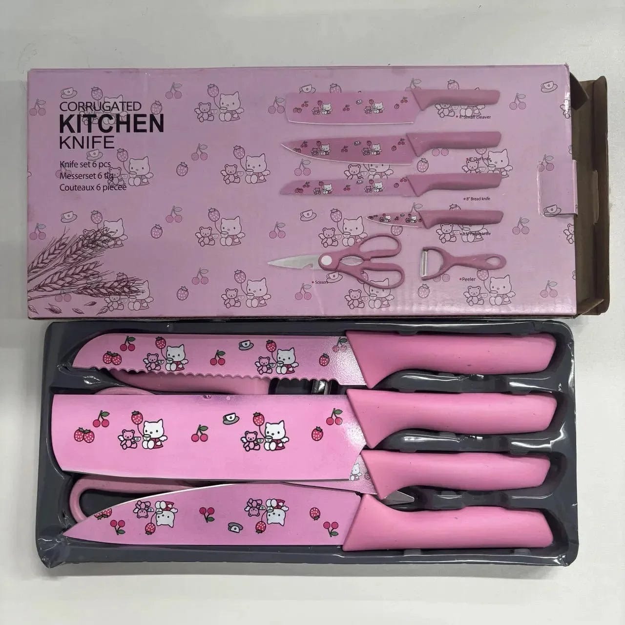 Kitchen Knife Set with Scissors and Peeler, Printed Blade Knives with Plastic Handles, 6 Piece Set